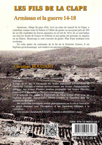 Photo verso du livre: LES FILS DE LA CLAPE - Armissan et la guerre 14-18 par Christian Boudant