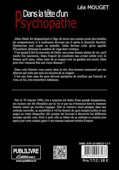 Photo verso du livre: Dans la tête d'un psychopathe par Léa Mouget  